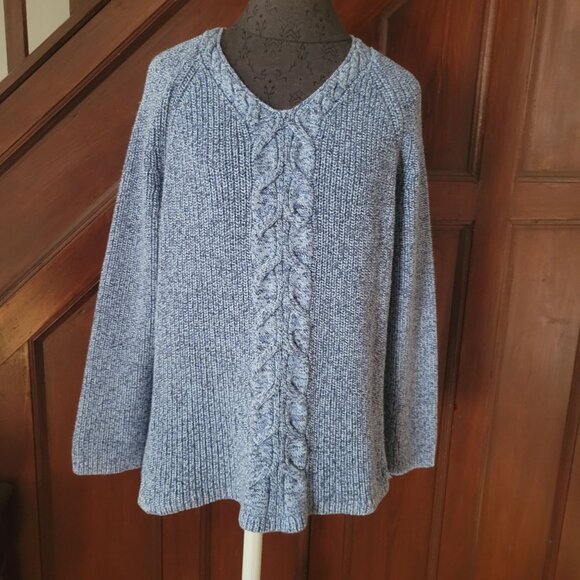 Talbots Womens XL Blue Cable Knit Sweater V-Neck Long Sleeve Cotton & Wool Blend - Picture 1 of 10